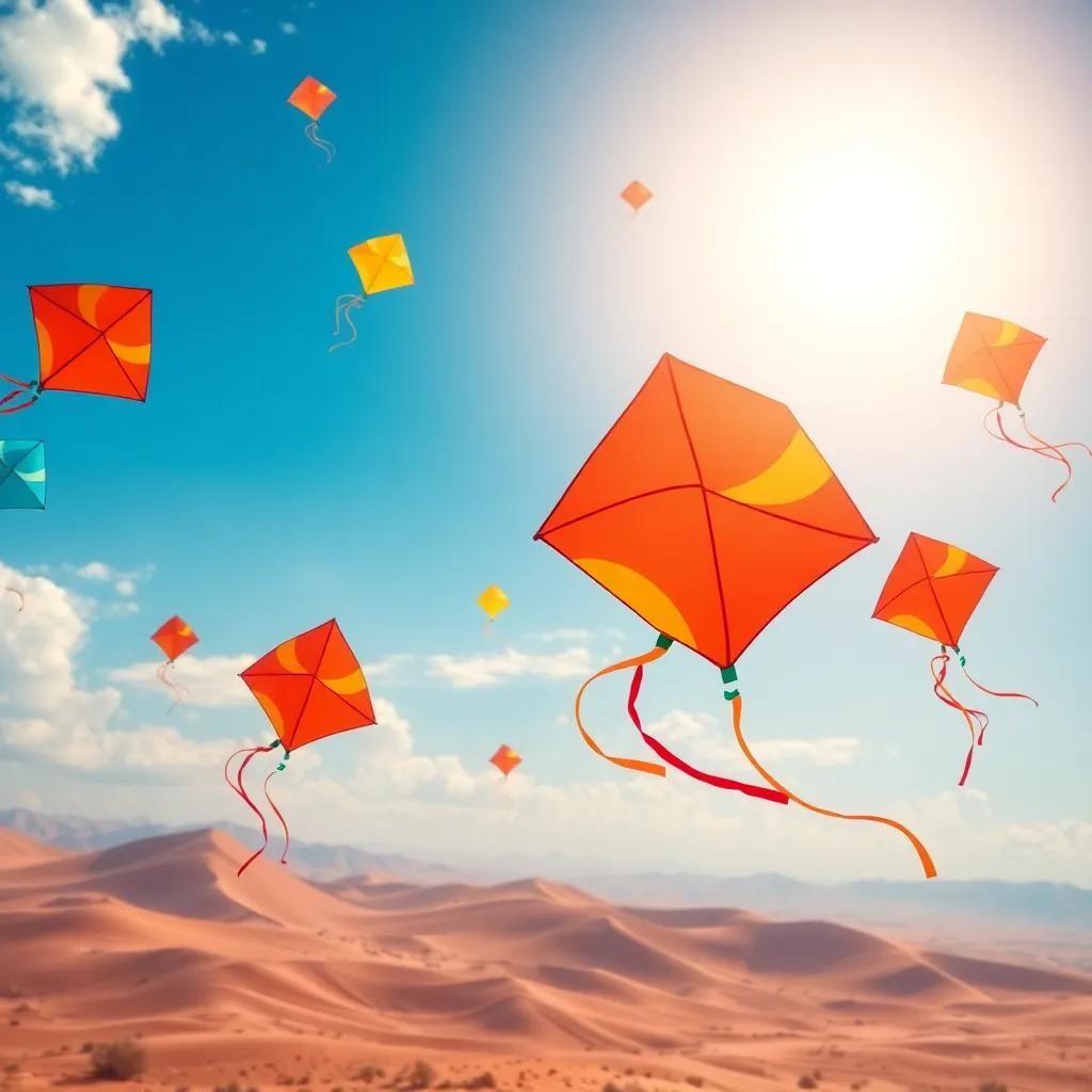 Kites flying in the sky above the desert, painted in bright colors, dancing with the wind, joyful atmosphere, digital art, dynamic perspective, bright and cheerful