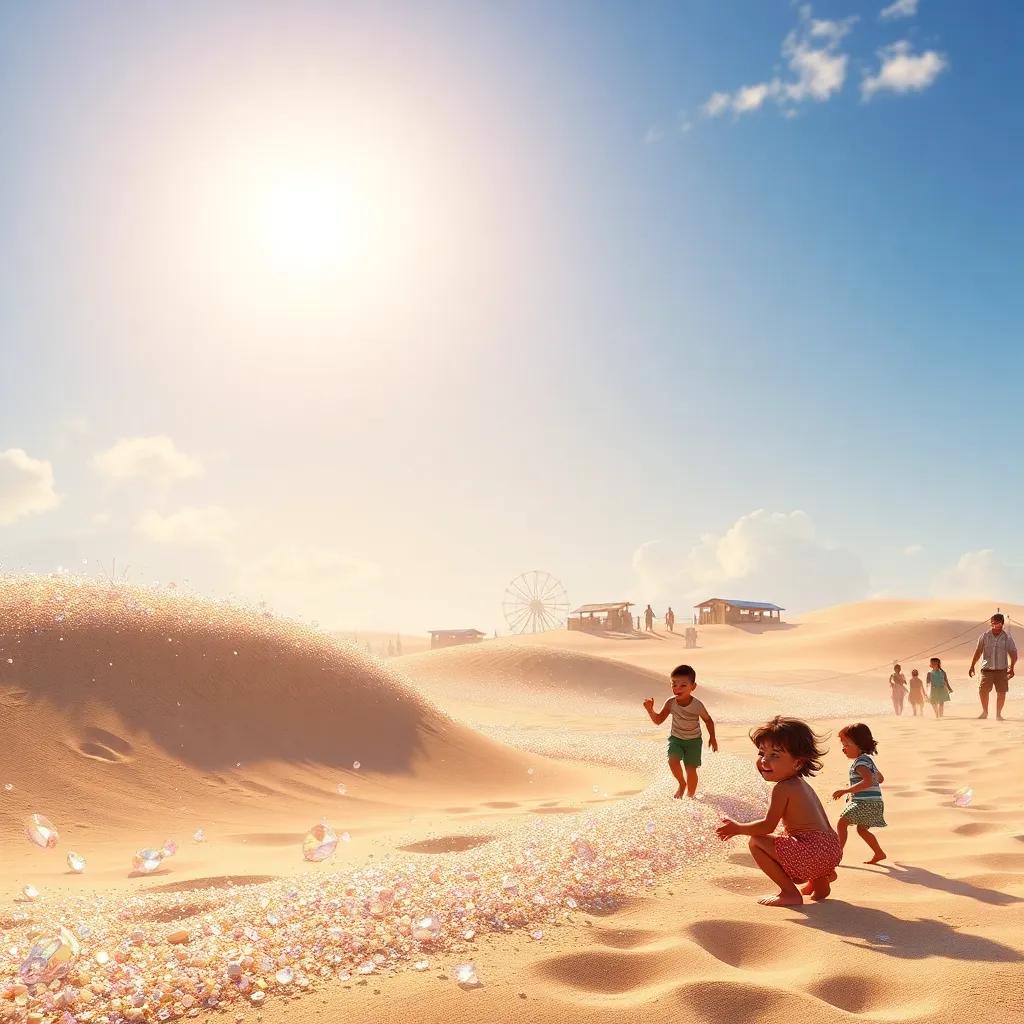 Sparkling sands under the sunny sky, resembling diamonds, children playing nearby, joyous atmosphere, colorful, detailed landscape, high quality
