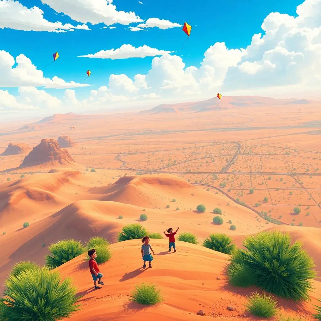 A view from a hilltop showcasing the desert landscape with joyful children playing below, a bright blue sky, and colorful kites, illustration, sweeping perspective, vibrant colors, high quality