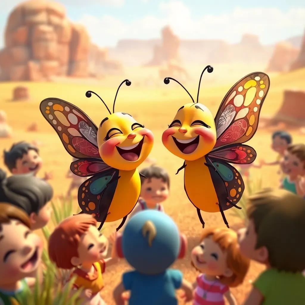 Surrounded by children, the two butterflies are laughing and playing together, colorful and cheerful scene in the desert with happy children, digital art, lively atmosphere, high quality
