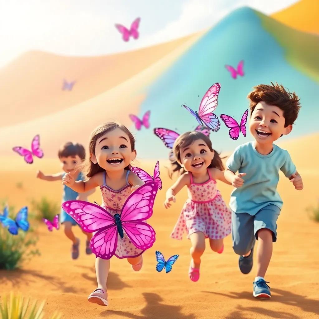 A lively game of tag with pink and blue butterflies and children, all laughing under the sun, colorful sand dunes in the background, joyful mood, digital art, vibrant colors, high quality