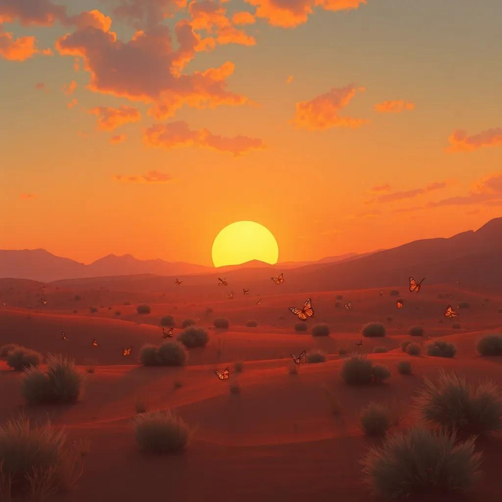 The sunset over the desert, casting warm hues across the scene as the butterflies return home, with a sense of happiness and adventure, digital painting, warm colors, nostalgic atmosphere, high quality