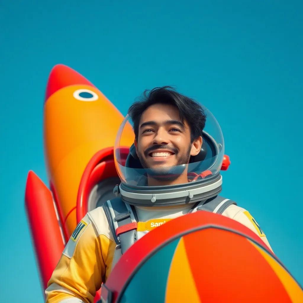 A man named Sami, with black hair and a bright smile, wearing a space suit, standing in his colorful rocket, preparing for liftoff against a clear blue sky, digital art, vibrant colors, cheerful atmosphere, high quality
