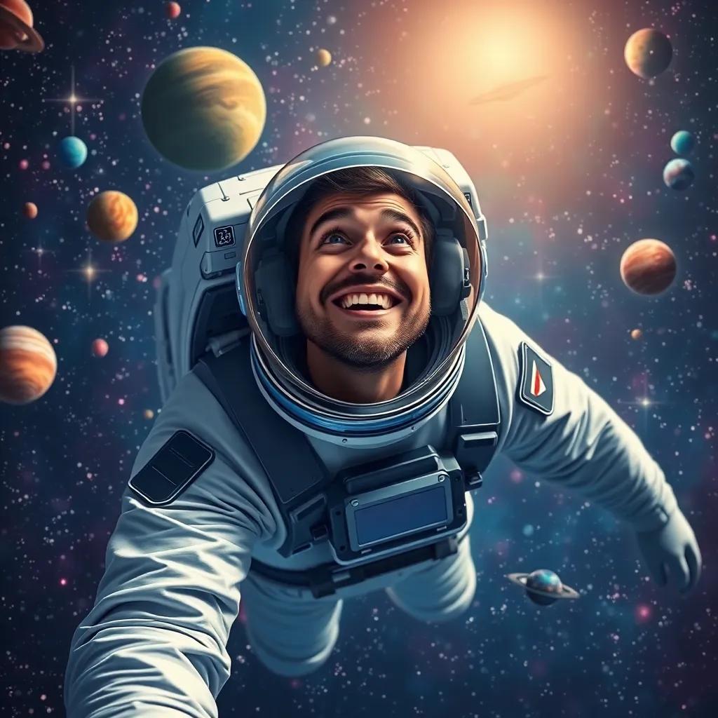 Sami, a man in a space suit, floating in the vastness of space, surrounded by shining stars and colorful planets, looking amazed with a big smile, digital painting, beautiful and mesmerizing scene, high quality