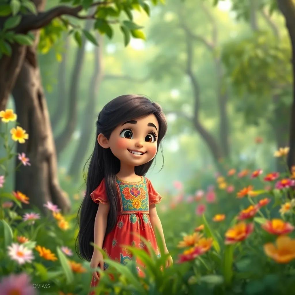 A young Arab girl, ساره, with long, dark hair, wearing a colorful dress, smiling and exploring in a vibrant green forest with flowers blooming, digital art, colorful, cheerful atmosphere, inviting view, high quality