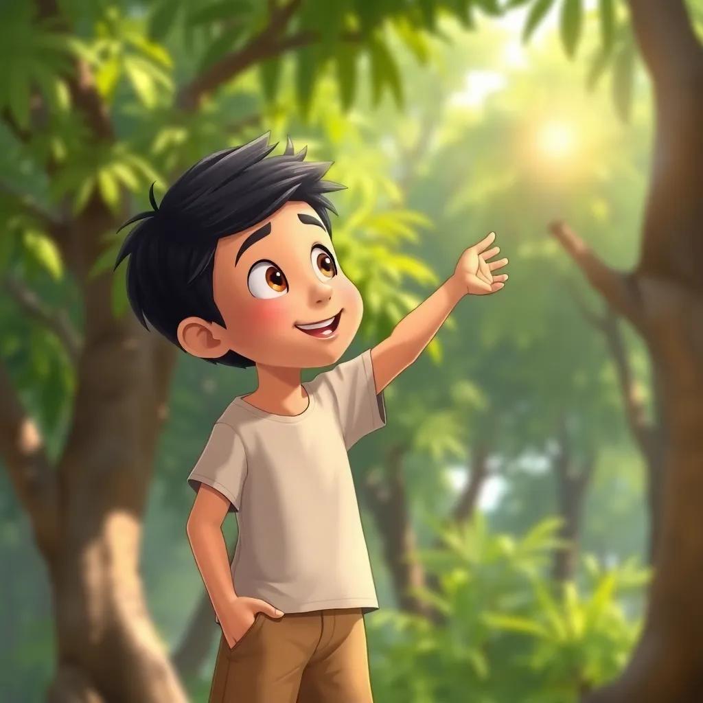 Hassan, a young Arab boy, with short dark hair, wearing a simple t-shirt and shorts, standing in front of lush trees, amazed as he points towards something shiny, detailed illustration, bright colors, cheerful adventure, child-friendly