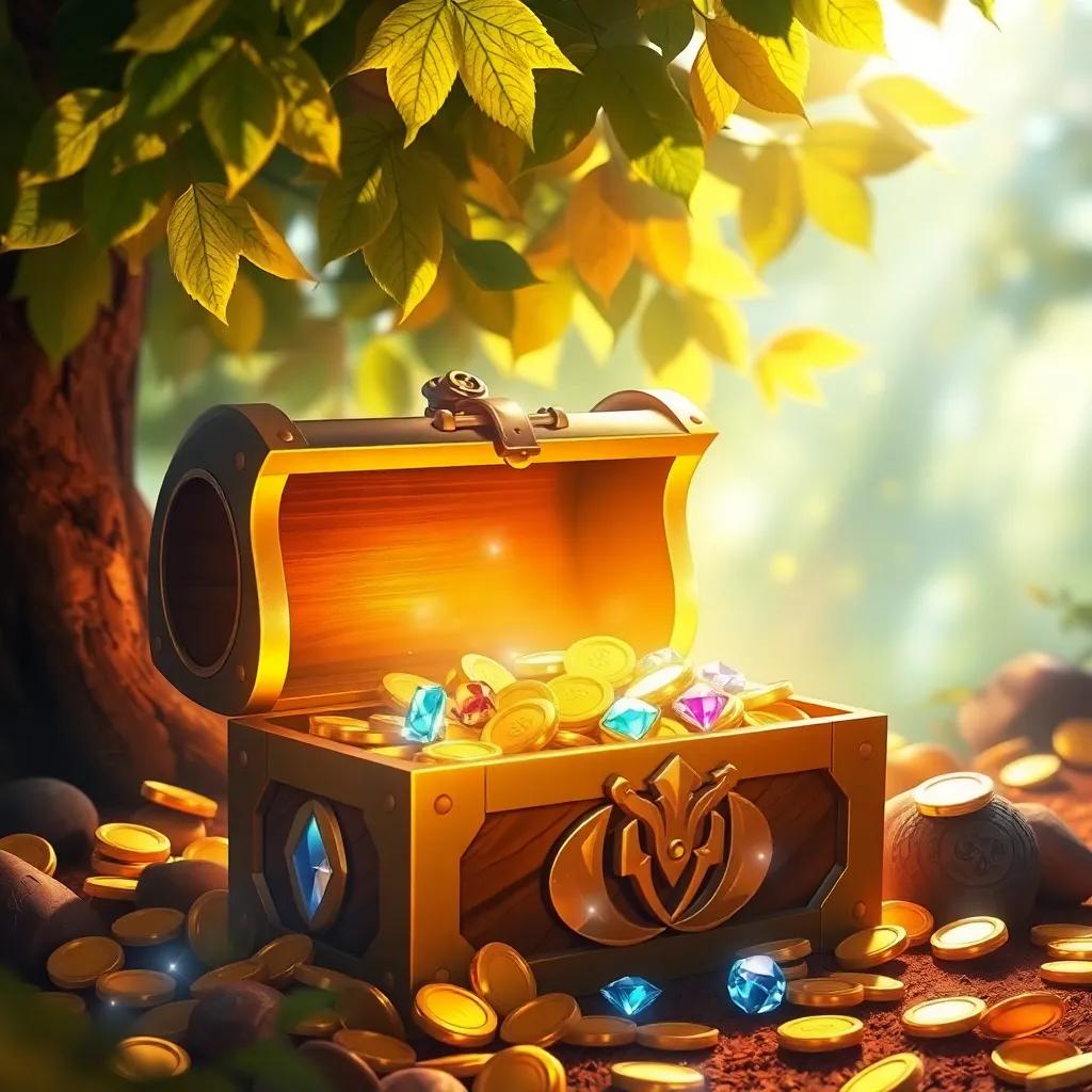 A shiny treasure chest found by ساره and حسن, filled with gold coins, sparkling jewels, sitting beneath a glowing sunlight filtered through leaves, magical atmosphere, rich colors, beautiful perspective, high quality