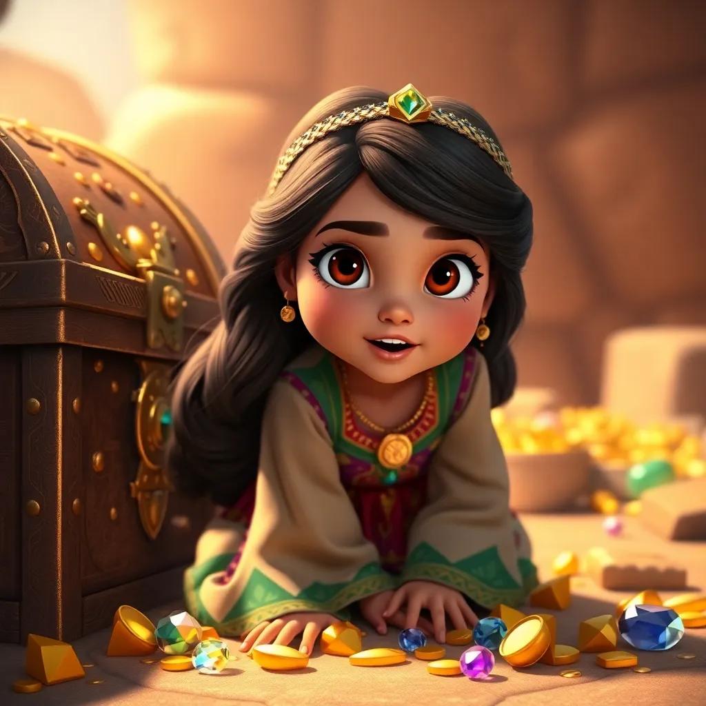 ساره, a young Arab girl, with long, dark hair in a colorful dress, kneeling by the treasure chest, her eyes wide with excitement, surrounded by gold and gems, warm light, rich colors, captivating view, fantasy