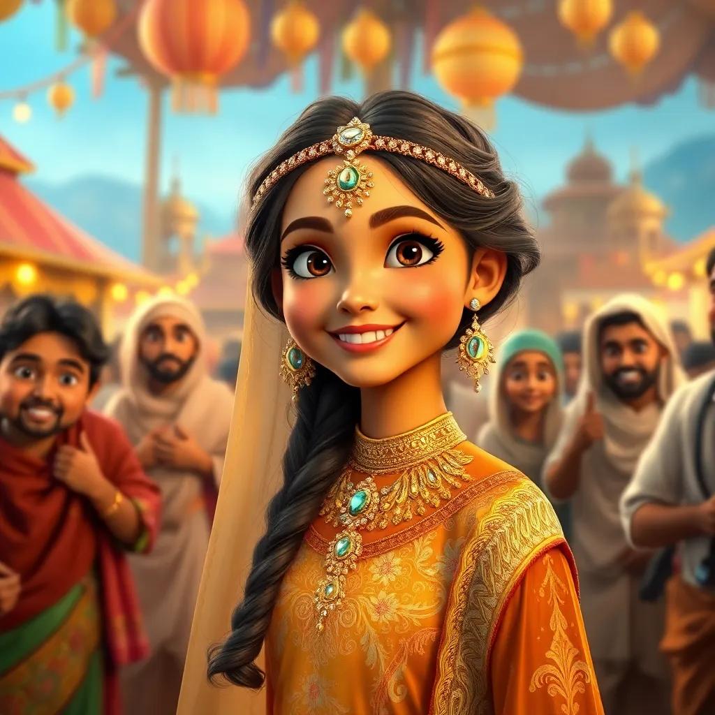 ساره, a young Arab girl, wonderfully dressed with gold and diamonds, smiling in a vibrant village with amazed villagers around, celebrating, joyful atmosphere, colorful, heartwarming imagery, engaging scene