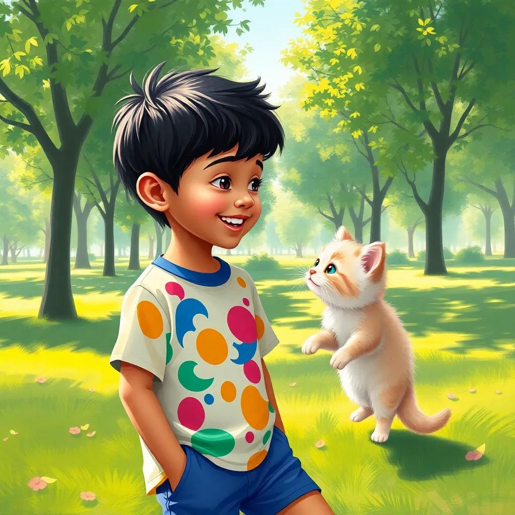A young Arab boy, الللللىلل, with short black hair, wearing a colorful t-shirt and shorts, smiling while looking towards a small fluffy white cat in a sunny park, cheerful, playful atmosphere, digital art, bright colors, inviting scene, high quality