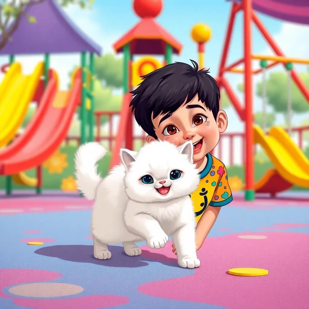 A small fluffy white cat playing in a colorful playground with الللللىلل, a young Arab boy with short black hair in a vibrant t-shirt, vibrant slides and swings in the background, joyful and lively, illustration, friendly, heartwarming vibe, high quality