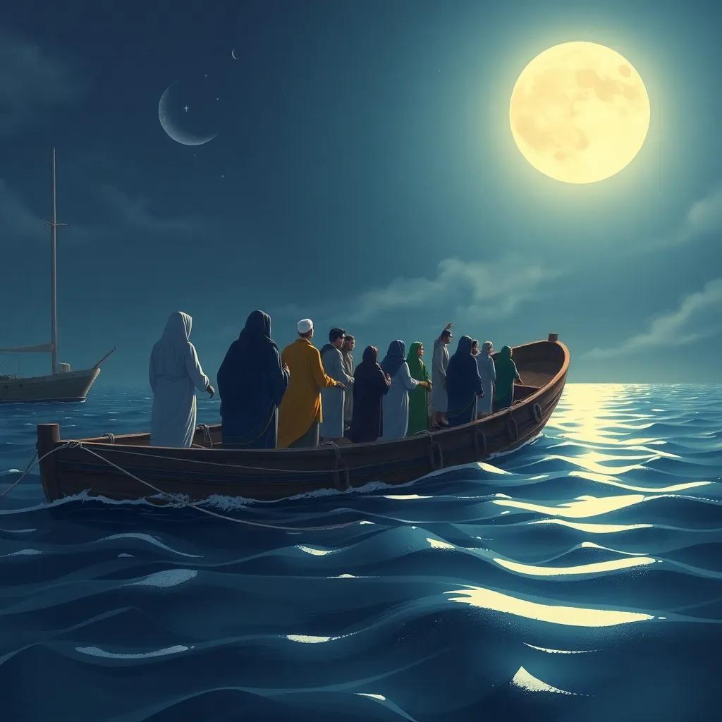 A calm harbor scene at night, where a group of 15 men and women, including Osman and Rukiah, quietly boarding a ship towards the open sea, illustrated, serene, hopeful atmosphere, soft waves, high quality