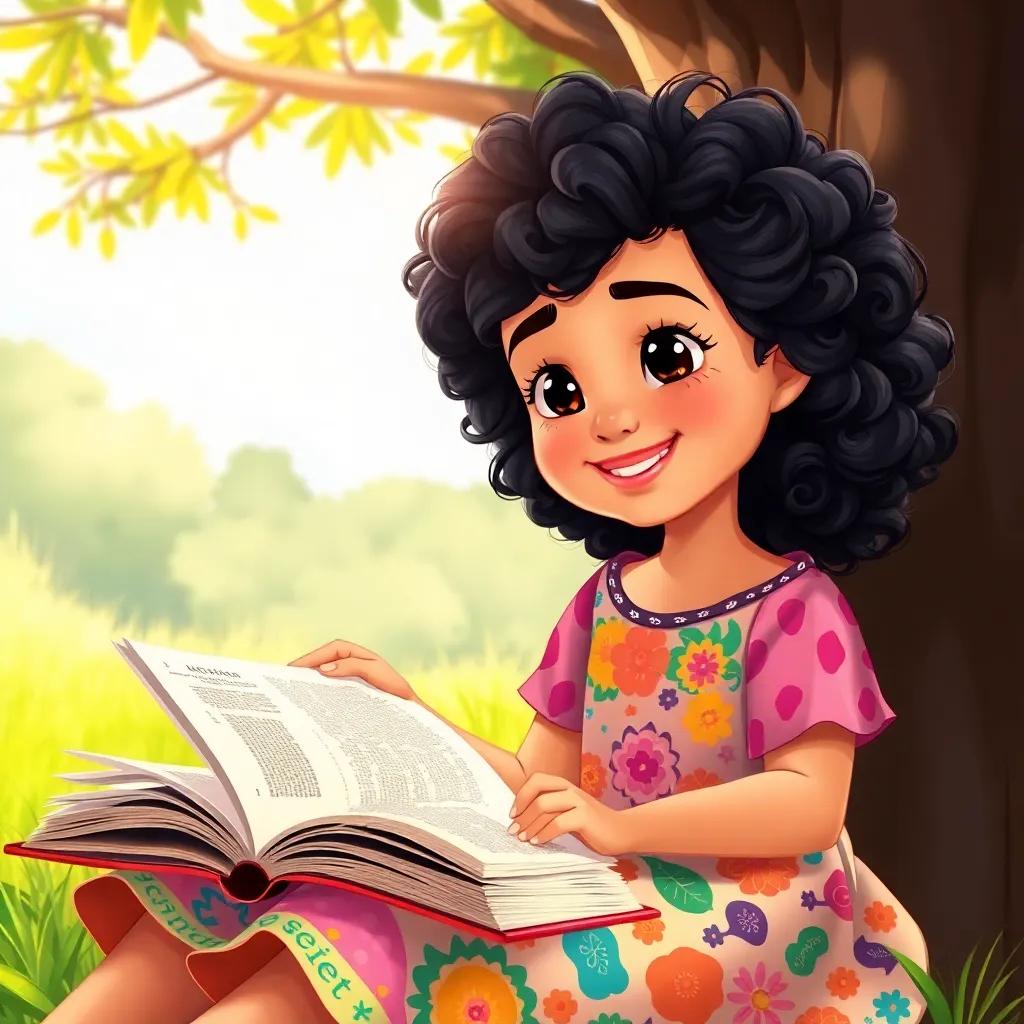 A young Arab girl, Leila, with curly black hair wearing a colorful dress, sitting under a tree with an open book, smiling and dreaming about becoming a scientist, digital art, vibrant colors, sunny atmosphere, high quality
