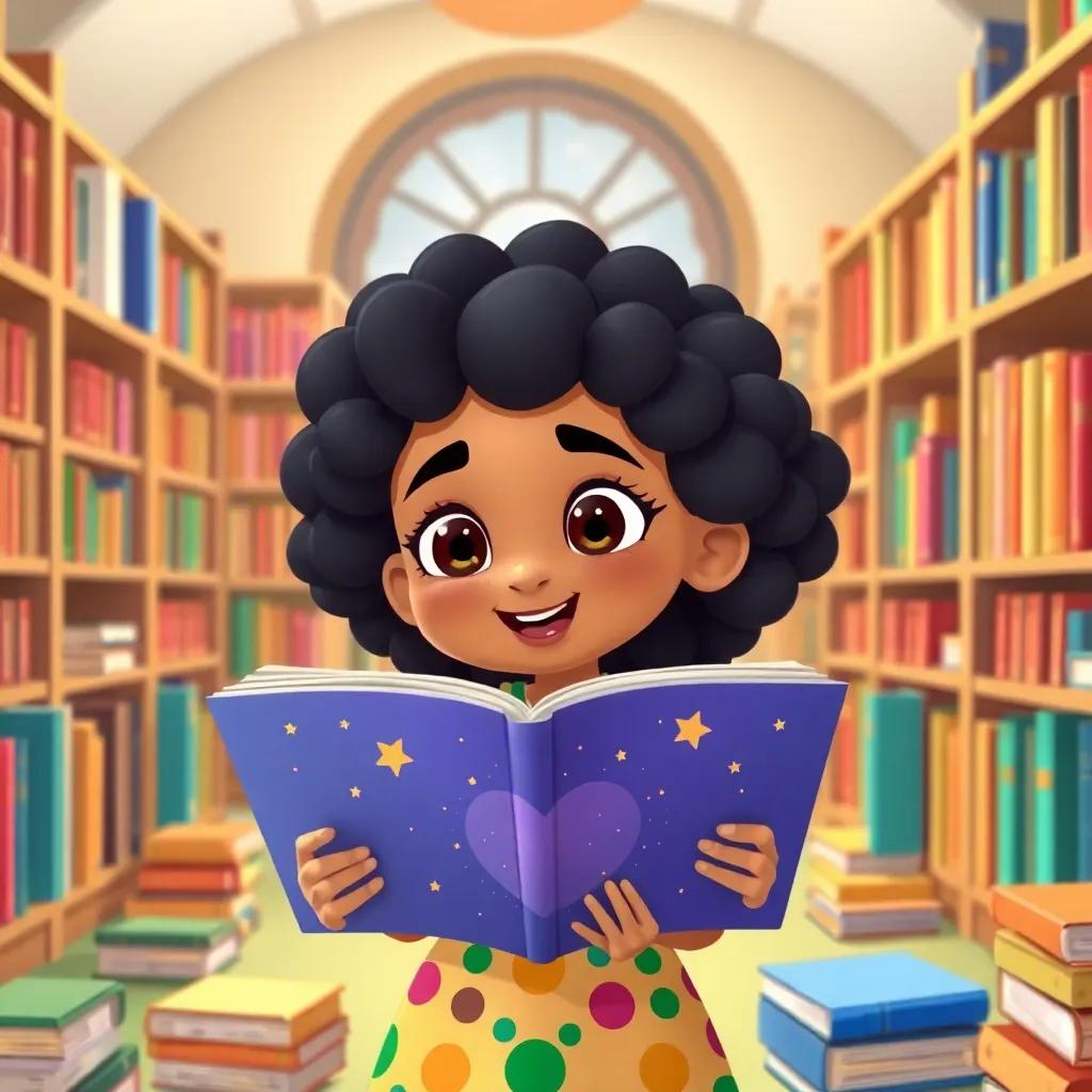 A young Arab girl, Leila, with curly black hair, wearing a colorful dress, in a cozy library surrounded by books, looking excited while holding a big book about stars, illustration, cheerful, child-friendly, high quality