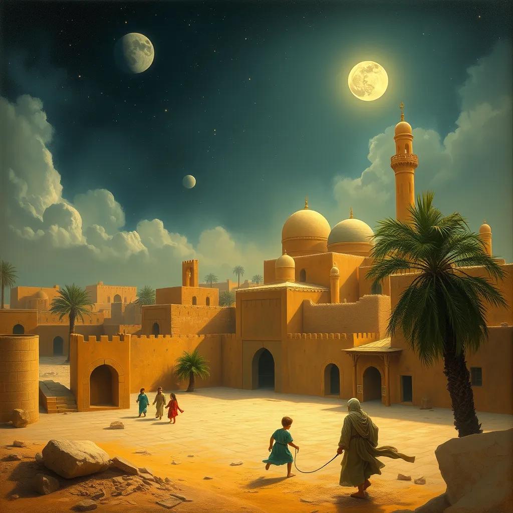 A beautiful scene of a city in ancient Mecca, with a young boy named Muhammad playing with friends under the moonlight. The buildings are made of clay and palm trees sway in the warm breeze. The sky is starry, creating a calm and peaceful atmosphere.