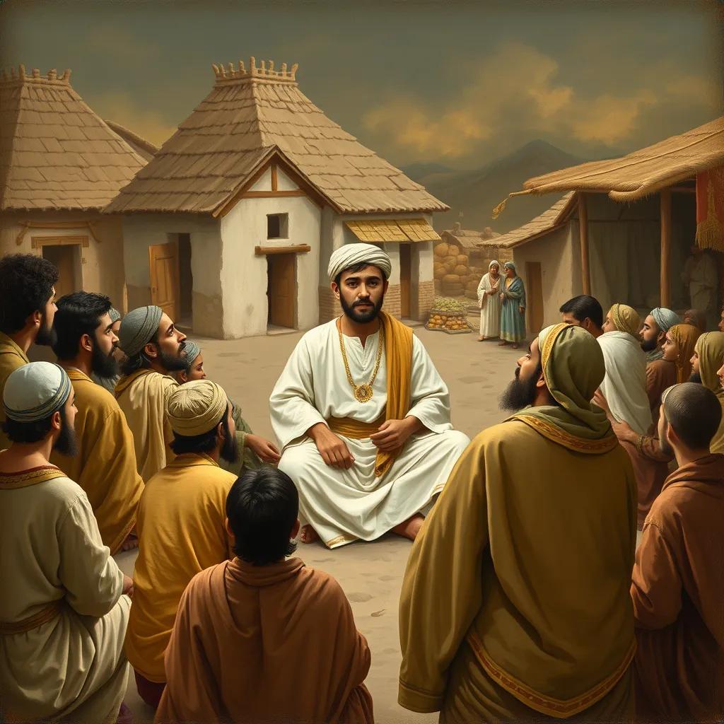 An illustration of young Muhammad surrounded by people, sharing wisdom and advice with them. Everyone is sitting in a circle listening attentively. The background shows simple homes and merchants selling their goods in the market.