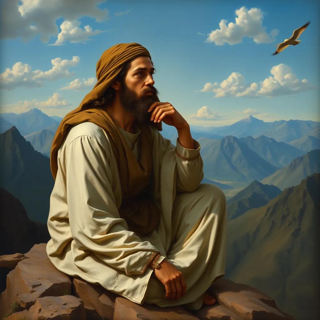 A serene image of Muhammad sitting on a mountain, lost in thought. His face shows determination and hope. The landscape around him is filled with mountains and valleys under a blue sky, symbolizing his dreams of a better world.