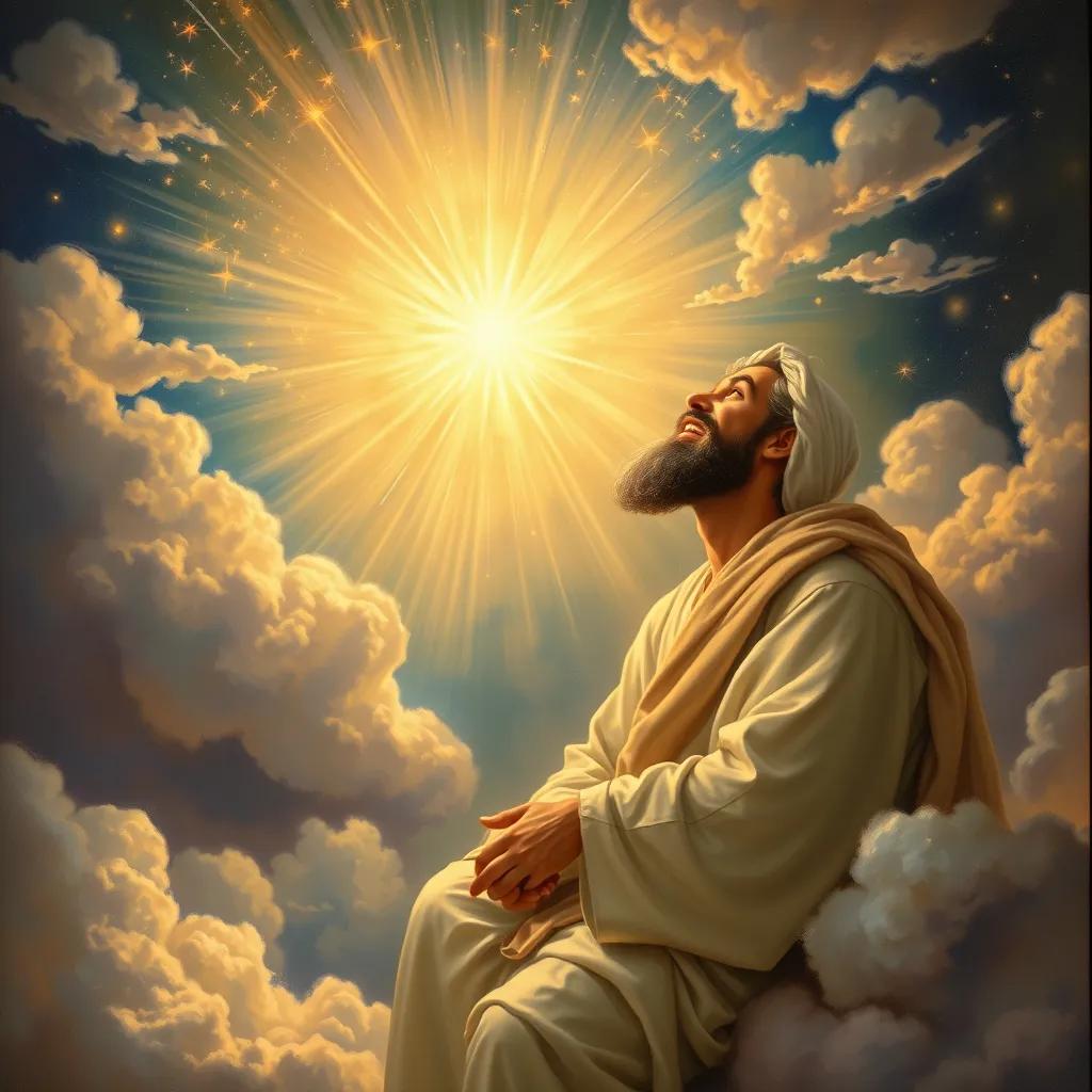 A magical scene depicting the moment Muhammad receives revelation. Glowing light surrounds him, and he looks up in astonishment and joy. The setting has a mystical feel, with clouds and stars enhancing the atmosphere of divine communication.