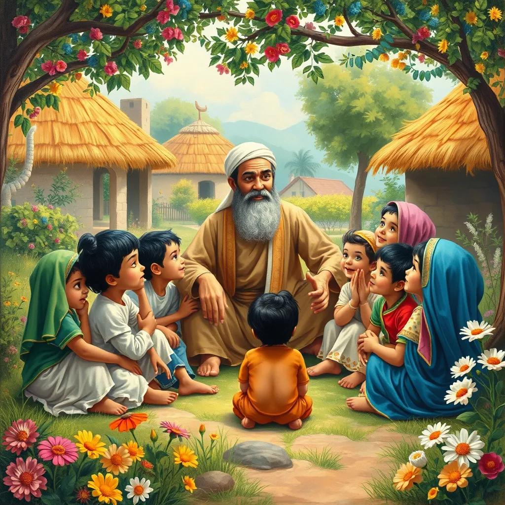 A vibrant illustration of Muhammad teaching children in a lively village. They all sit around him, their faces filled with wonder and joy. Flowers and greenery surround them, showing the beauty of kindness and respect.