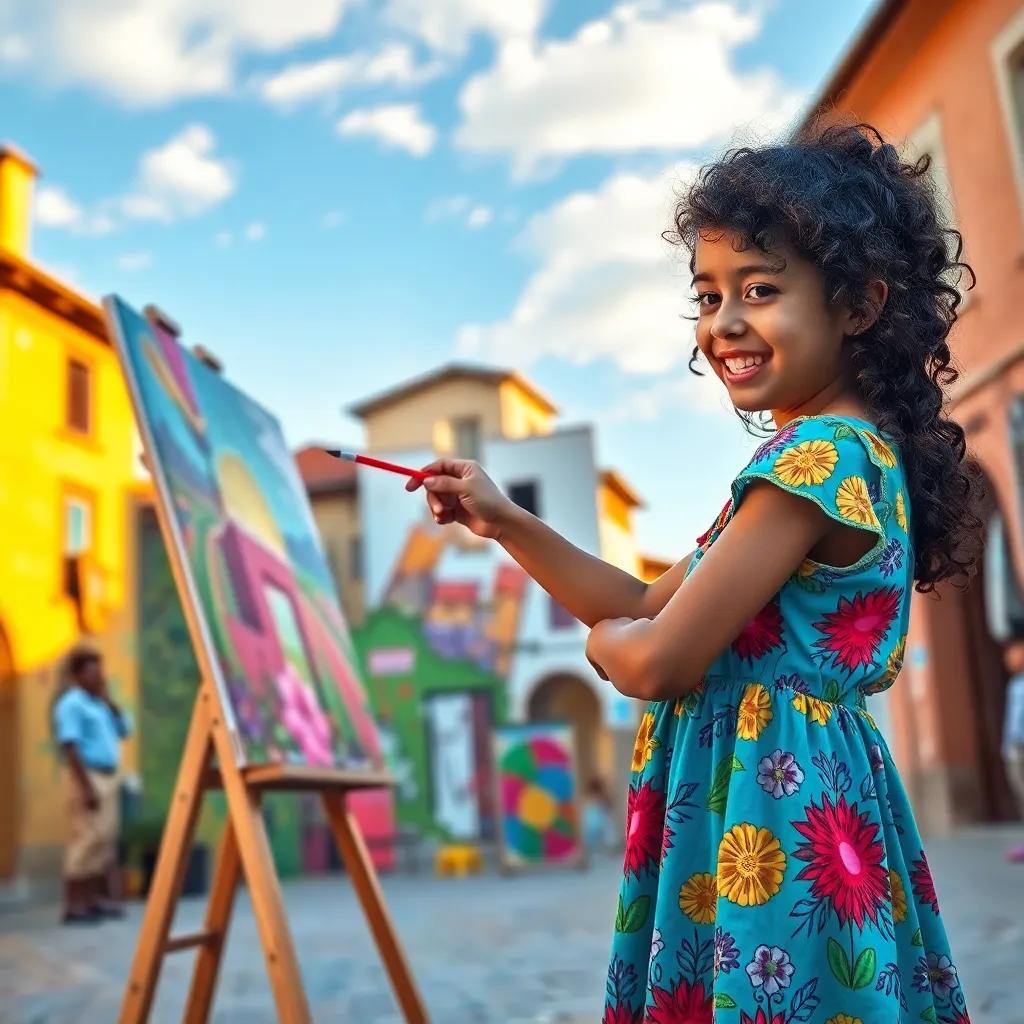 A young girl, Maryam, with curly dark hair, wearing a colorful dress, happily painting a large mural in the village square, vibrant colors, warm sunlight, cheerful atmosphere, digital art, high quality
