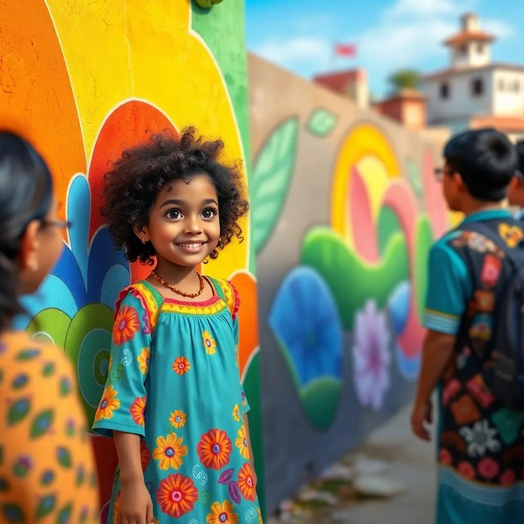 Maryam, a young girl with curly dark hair in a colorful dress, standing proudly next to her mural, surrounded by villagers admiring her work, bright colors, joyful expression, celebratory scene, illustration, uplifting