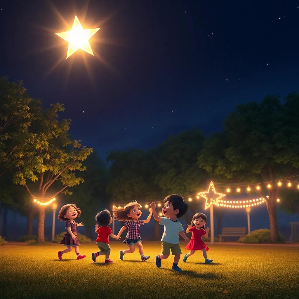 A bright star, Lumi, falling from the dark sky, landing near excited children playing in a park at night, digital art, shimmering colors, magical atmosphere, high quality