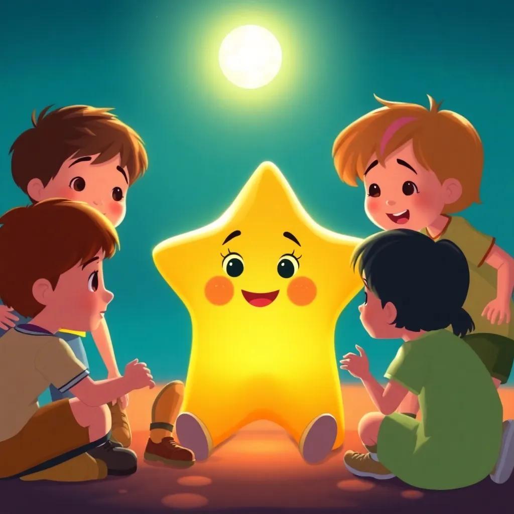 Children gathering around Lumi, a bright star with a happy face, asking questions under the moonlight, illustration, warm colors, friendly and inviting, high quality