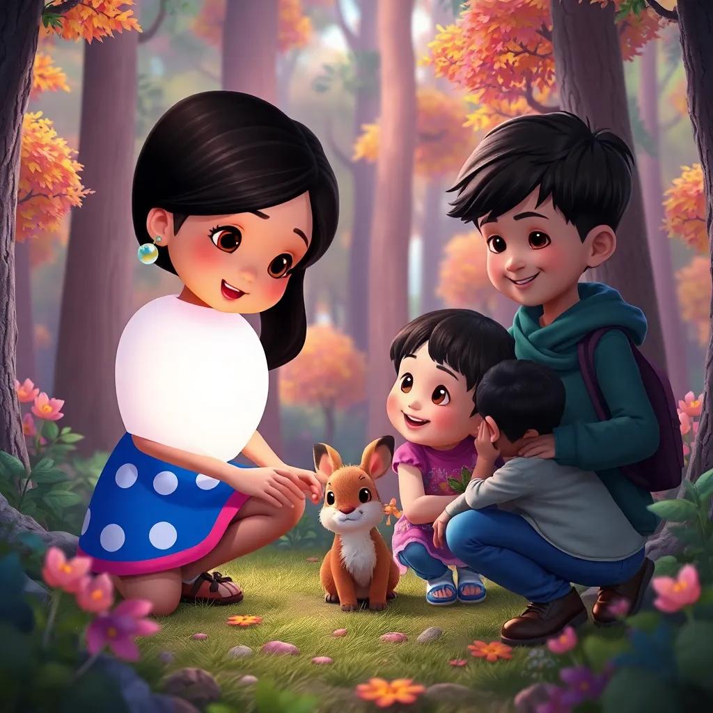 Lumi with children in the forest, helping a little animal, Rony, depicted as a small brown bunny, colorful trees surrounding them, cheerful setting, digital art, vibrant colors, engaging