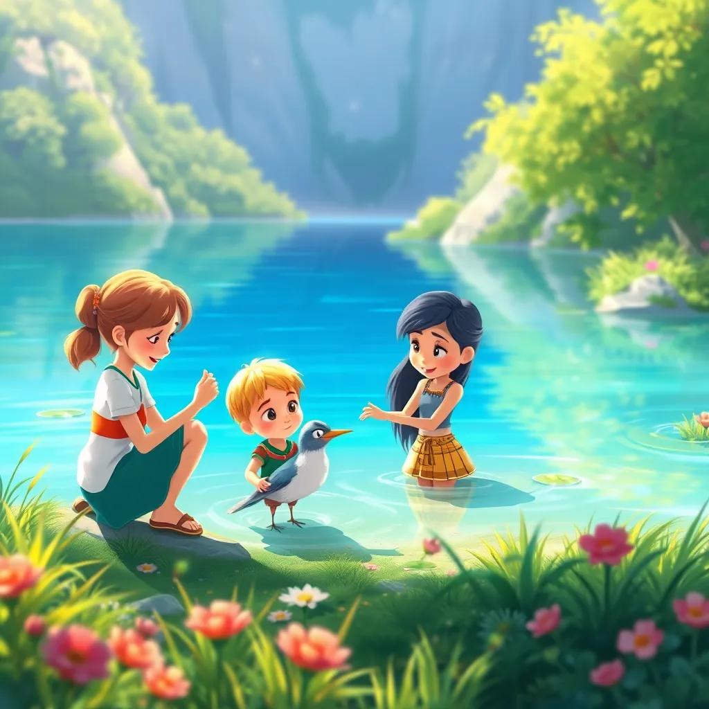A beautiful lake scene where Lumi and the children are helping a wounded bird, with bright blue water and lush green surroundings, illustration, uplifting colors, heartfelt moment, high quality