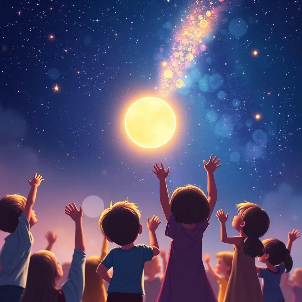 Lumi preparing to return to the sky, surrounded by children waving goodbye, a starry sky in the background, filled with warmth and joy, digital painting, glowing colors, emotional farewell.