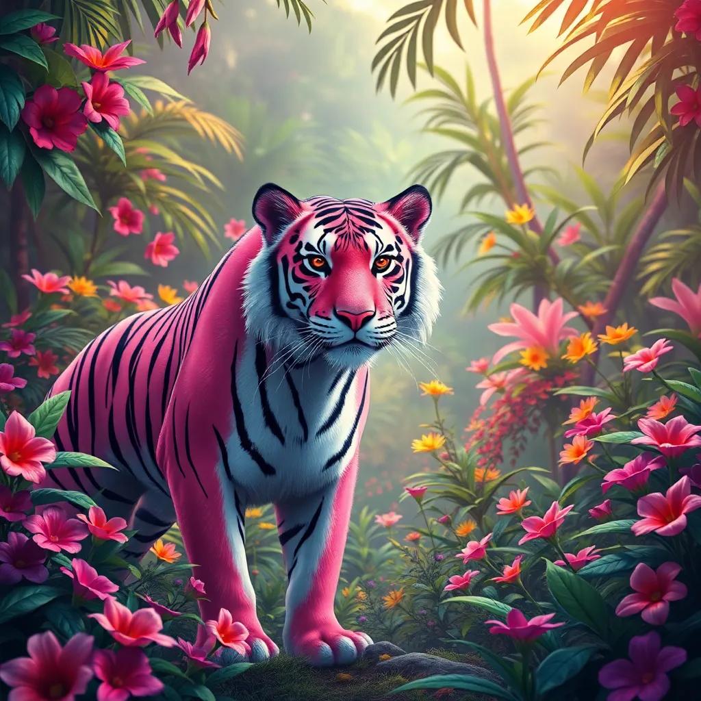 A pink tiger, Nimo, standing in a beautiful jungle filled with lush greenery and colorful flowers, looking determined, digital art, vibrant colors, inspiring atmosphere, high quality