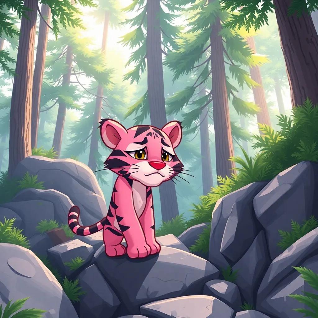 A pink tiger, Nimo, climbing a steep and rocky path, looking tired but determined with sweat on his forehead, surrounded by tall trees and sunlight filtering through, illustration, bright colors, motivational view, child-friendly