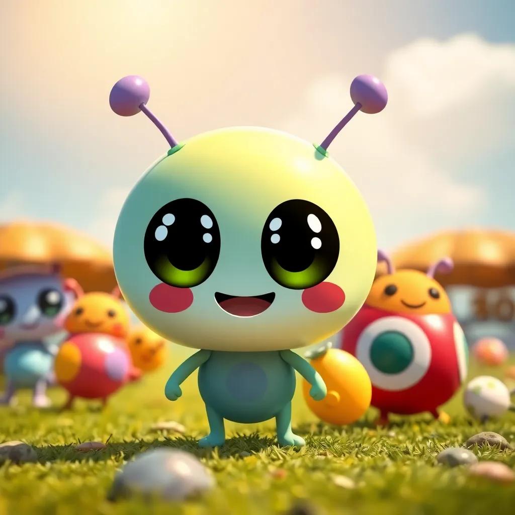 A cute, smiling atom character with big eyes and a colorful shell, playing with friends under the sun, vibrant cartoon style, joyful, bright colors, cheerful atmosphere, child-friendly