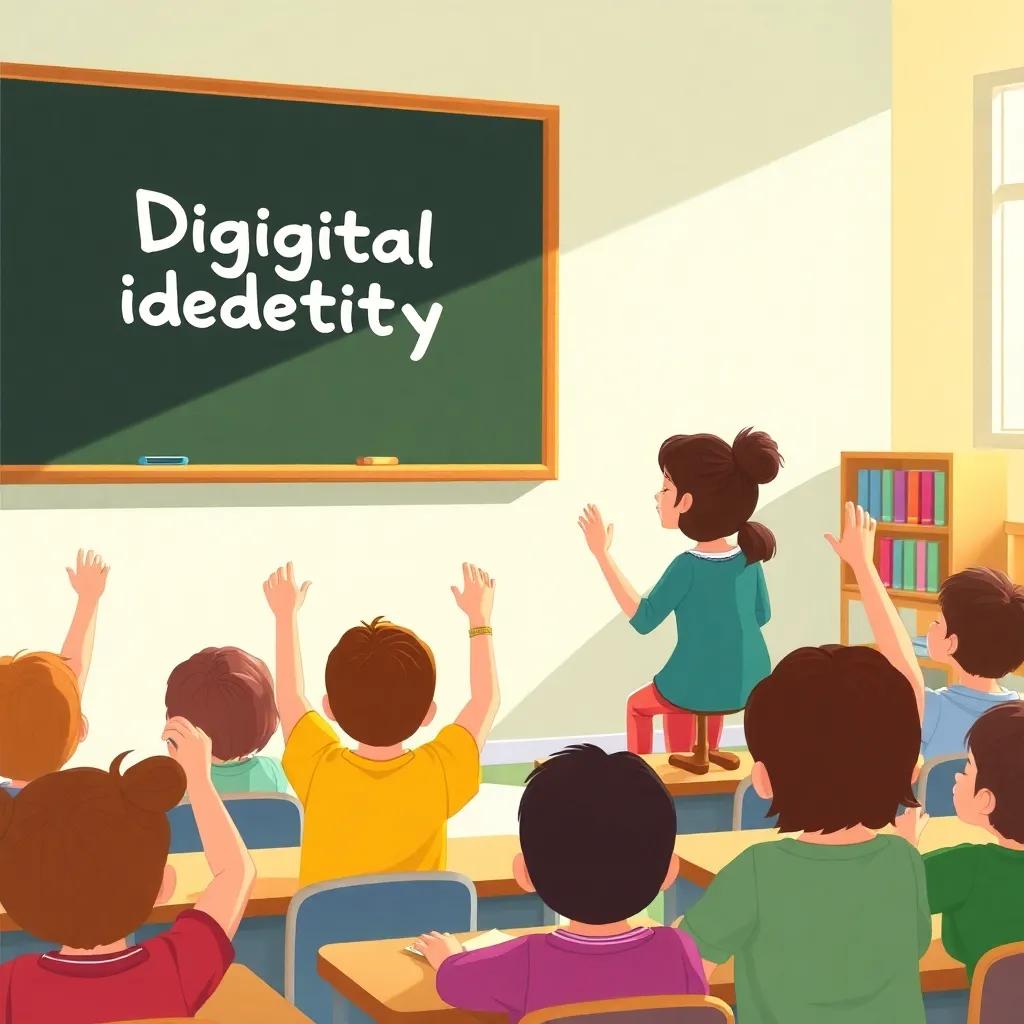 The teacher writing on a blackboard about digital identity, kids sitting in a colorful classroom, some raising their hands, bright and engaging environment, illustration, inviting atmosphere, educational theme, high quality