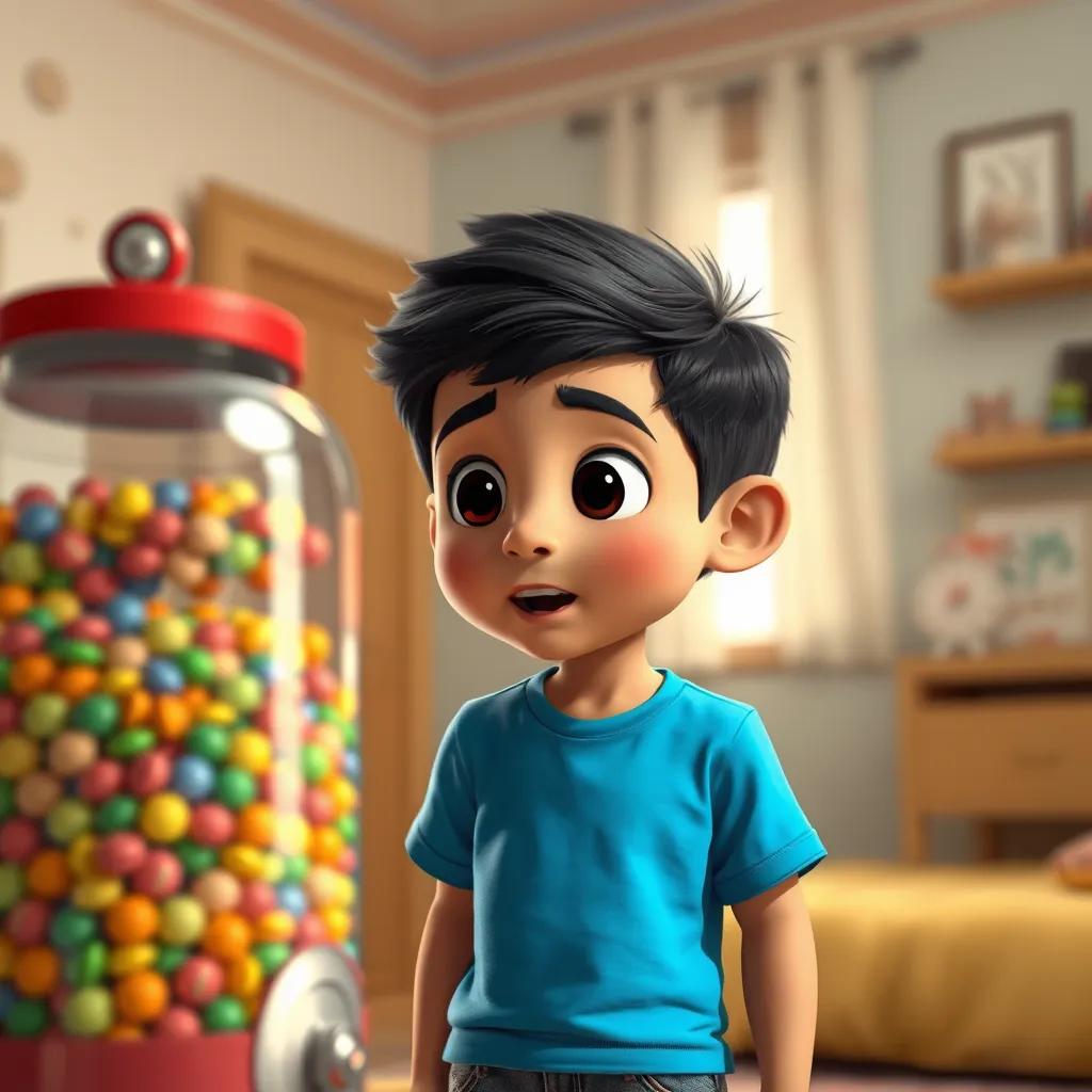 A young Arab boy, Sami, with short black hair, wearing a blue t-shirt and jeans, looking at a colorful candy jar with a surprised expression, in his room, digital art, bright colors, playful atmosphere, high quality