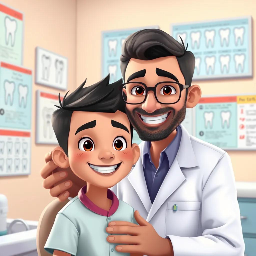 A doctor, with a warm smile, wearing a white coat and glasses, examining Sami, a young Arab boy with short black hair in a clinic filled with dental charts, illustration, cheerful, friendly environment, child-friendly
