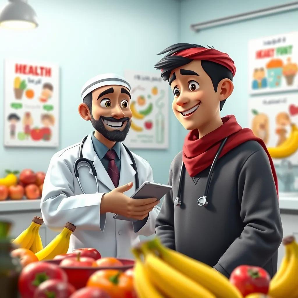 A happy doctor speaking to Sami, a young Arab boy, surrounded by healthy fruits like apples and bananas, in a bright clinic with colorful posters about health, engaging, vibrant colors, educational