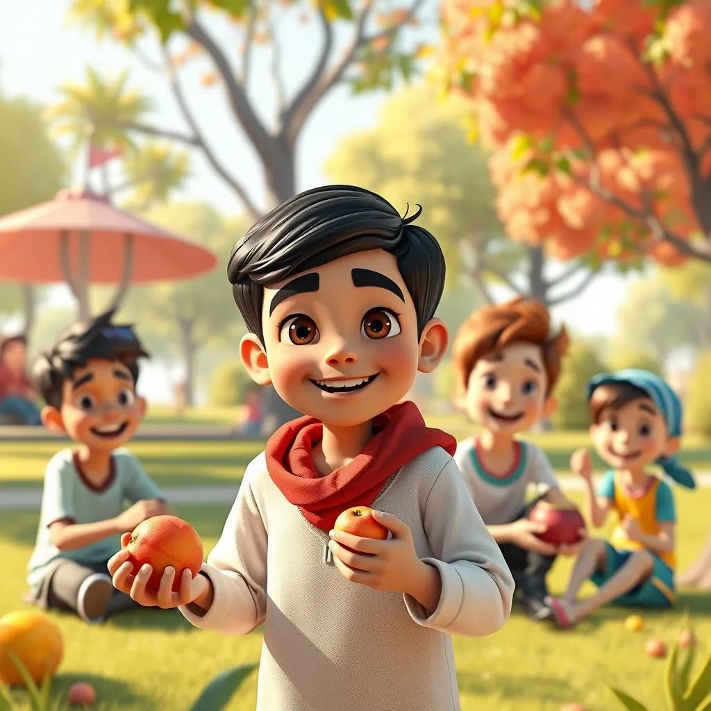 Sami, a young Arab boy, with short black hair, playing in a park with friends and sharing fruits, everyone smiling and having fun, colorful scene, warm sunlight, upbeat and friendly