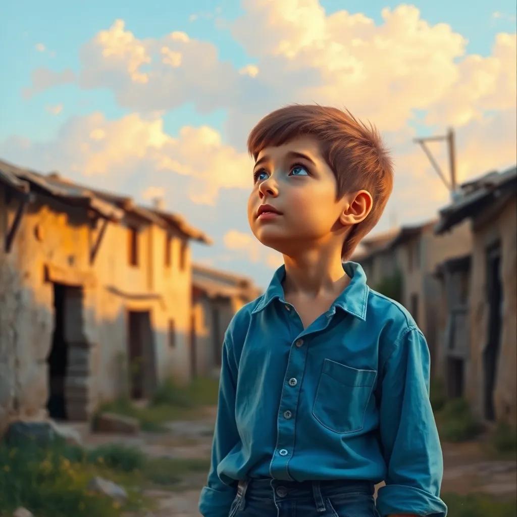 A young boy, Sami, with short brown hair wearing a simple blue shirt and jeans, standing in a small village looking up at the sky with determination, digital art, bright colors, hopeful atmosphere, high quality