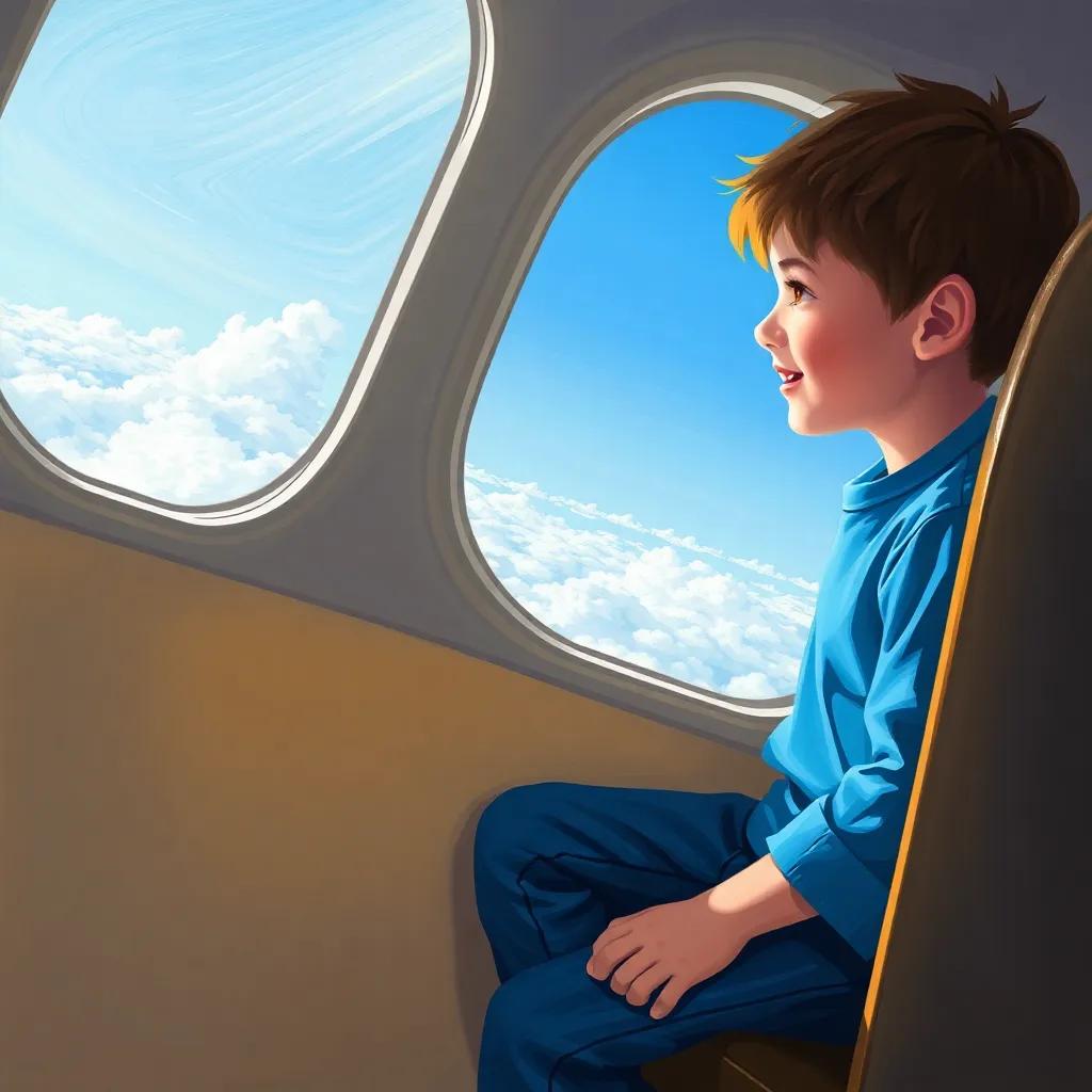 A young boy, Sami, with short brown hair wearing a simple blue shirt and jeans, inside a plane looking out the window with excitement, clouds below him, digital art, cheerful, adventurous, child-friendly