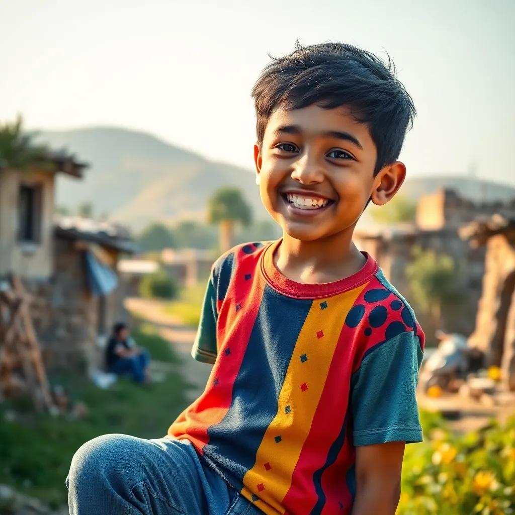 A young Arab boy, Sami, with short black hair, wearing a colorful T-shirt and jeans, smiling joyfully in a small village surrounded by nature, digital art, warm colors, cheerful atmosphere, high quality