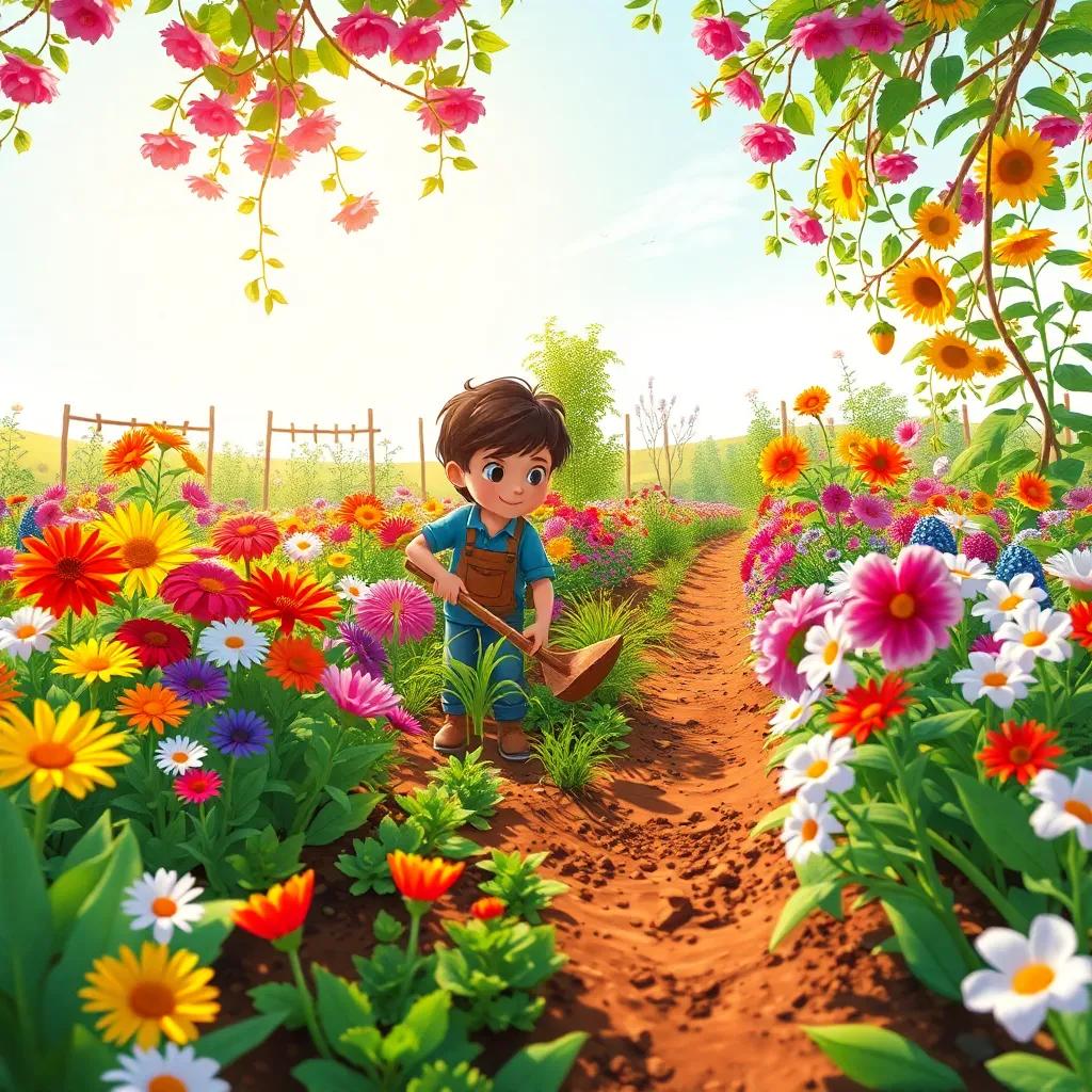 A breathtaking garden full of colorful flowers and vegetables, with Sami working hard, digging and planting seeds, bright sunlight shining down, illustration, vibrant and lively, child-friendly