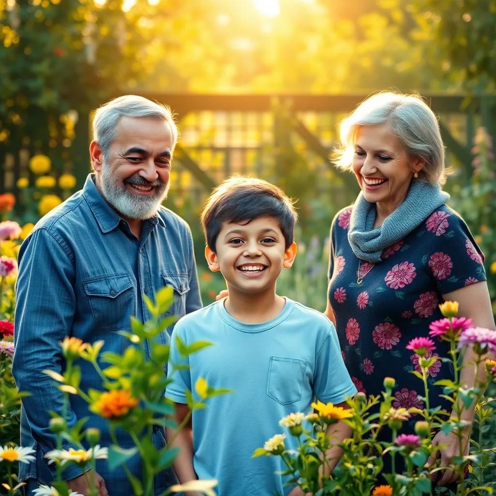 A happy Sami with his parents in the beautiful garden, surrounded by laughter and joy, Sami showing off his hard work, warm light, family bonding moment, digital painting, heartwarming and joyful