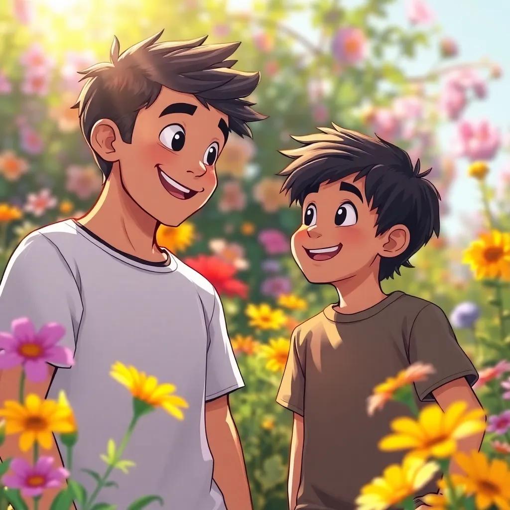 Sami's friend visiting him, looking amazed at the garden's beauty, both boys smiling and sharing ideas, colorful background with flowers and sunlight, illustration, cheerful, inspiring friendship