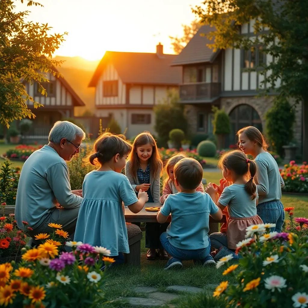 A beautiful village scene with children and their parents gathering in a park, surrounded by flowers, playing games and bonding, warm sunset light, joyful atmosphere, digital art, heartwarming moment