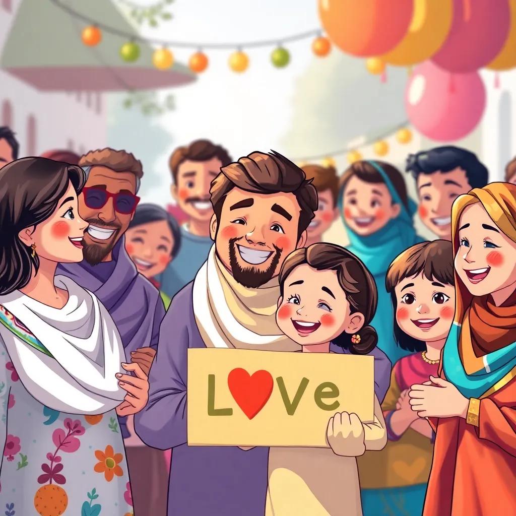 Sami and other children announcing their love for their parents, everyone smiling and cheerful, colors of a community celebrating together, illustration, vibrant and community-focused, high quality