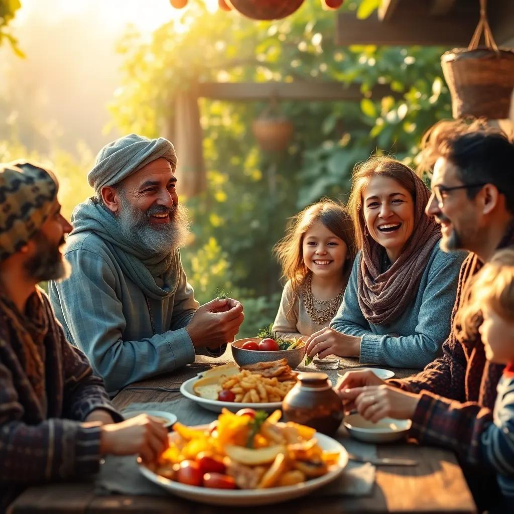 A scene of Sami and his family enjoying a meal together from the garden's harvest, happy faces and laughter filling the scene, warm light, cozy family gathering, digital painting, uplifting