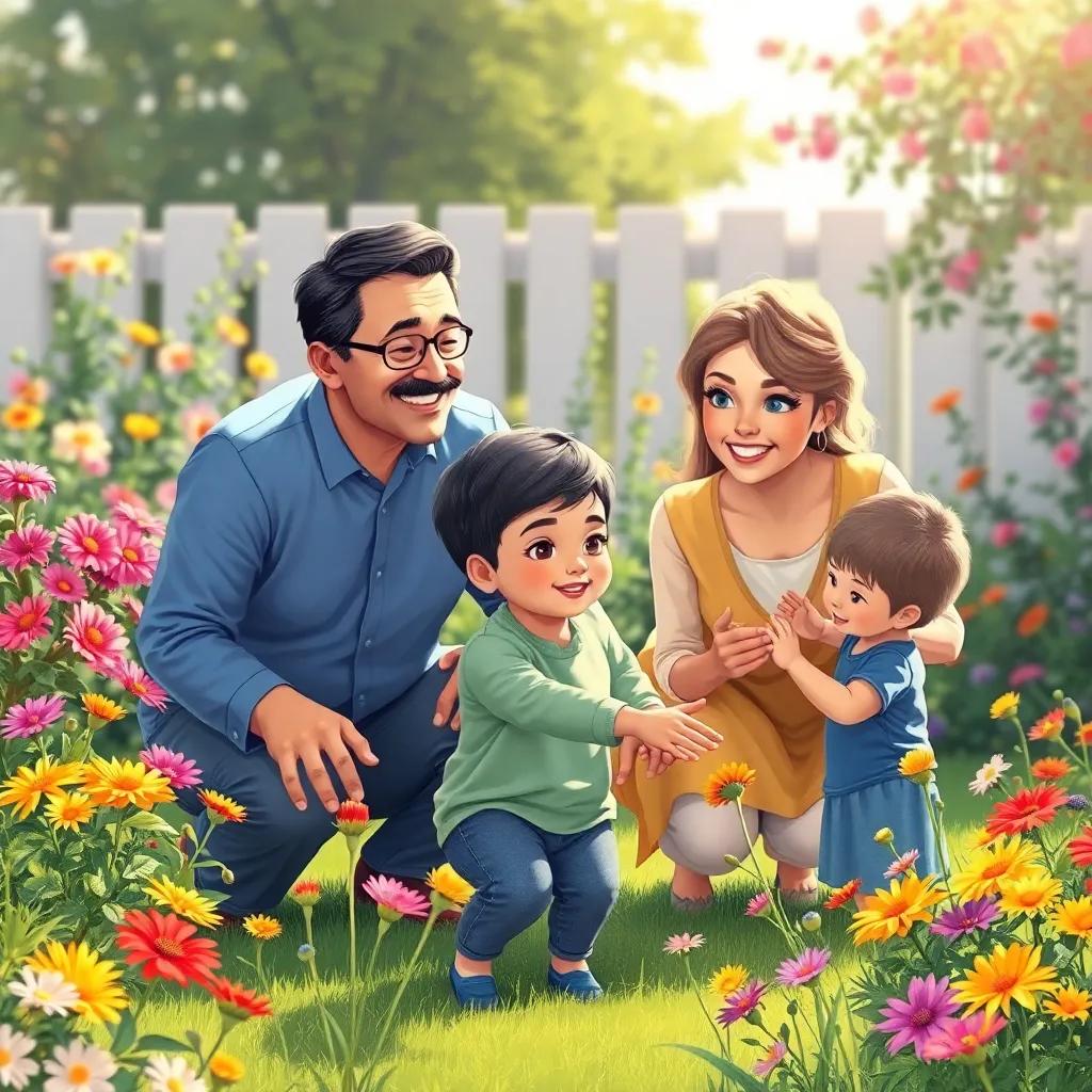 Sami's parents watching the kids play in the garden, smiling and proud of their children, surrounded by colorful flowers, heartwarming moment, illustration, bright and cheerful, high quality