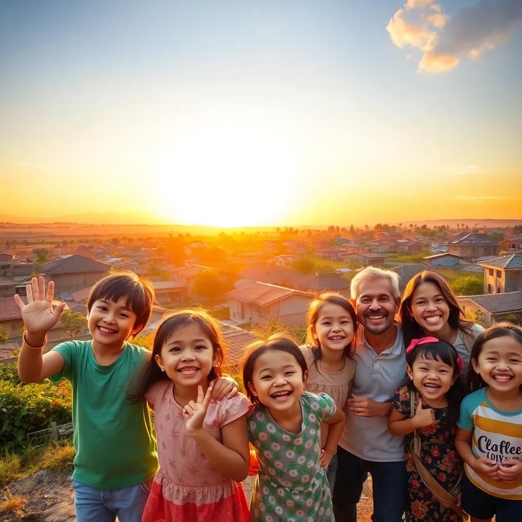 A peaceful sunset over the village, children and families together, excited smiles, celebrating the values of love and family, warm colors, serene atmosphere, digital art, uplifting