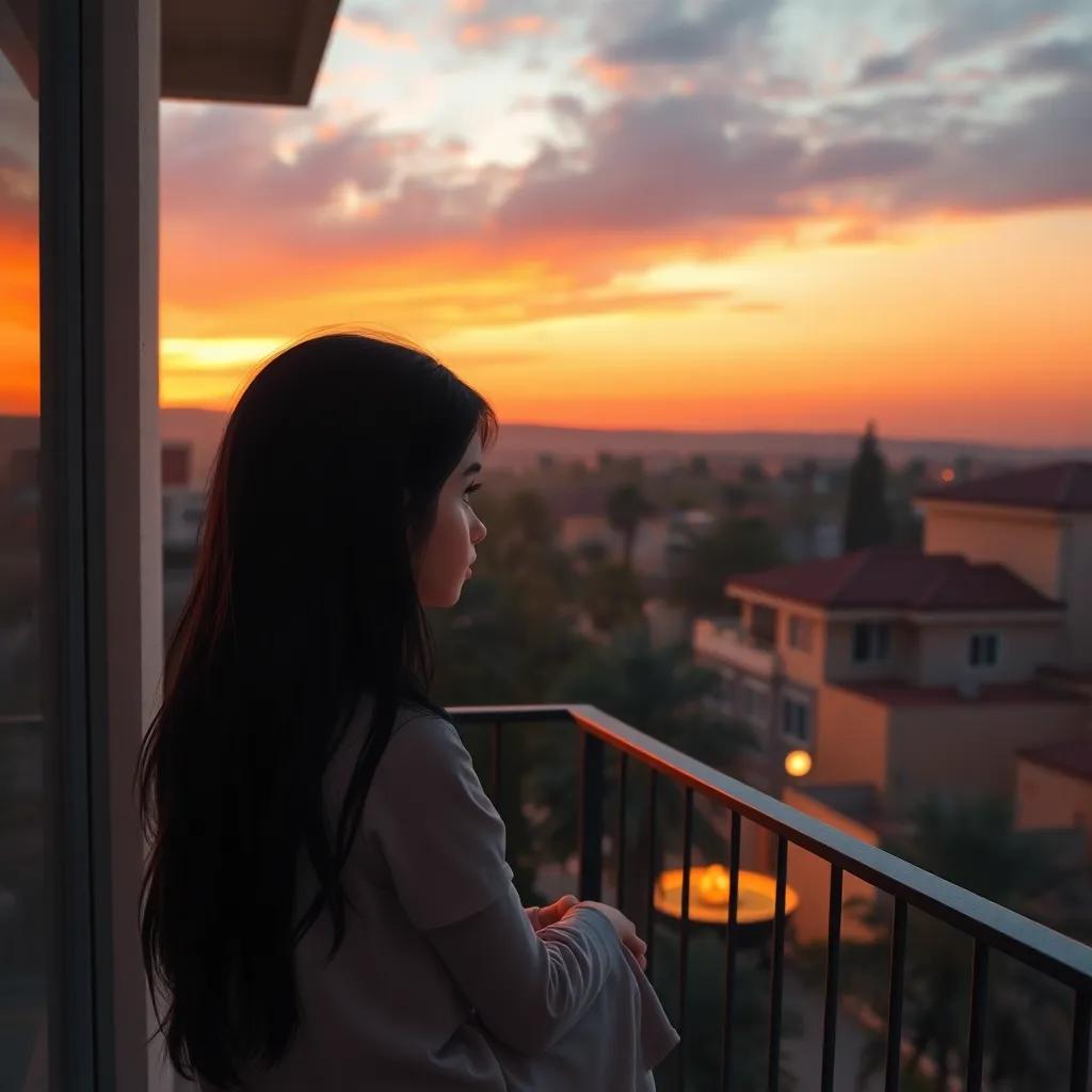 A serene sunset view from a balcony overlooking a quiet neighborhood with olive trees, a young Arab girl, Tasneem, with long dark hair, sitting quietly, looking thoughtful, warm evening light, peaceful, high quality